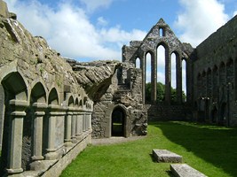 A view of Ardfert Friary with some of the cloister on left and east window beyond