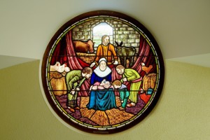 Nativity stained glass window in the Greccio Chapel, Franciscan church, Galway city 